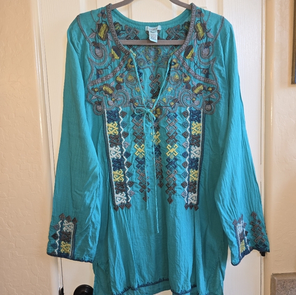 Johnny Was x Sundance Mila Embroidered Tunic Blouse Teal Blue Size Large EUC - Picture 2 of 14